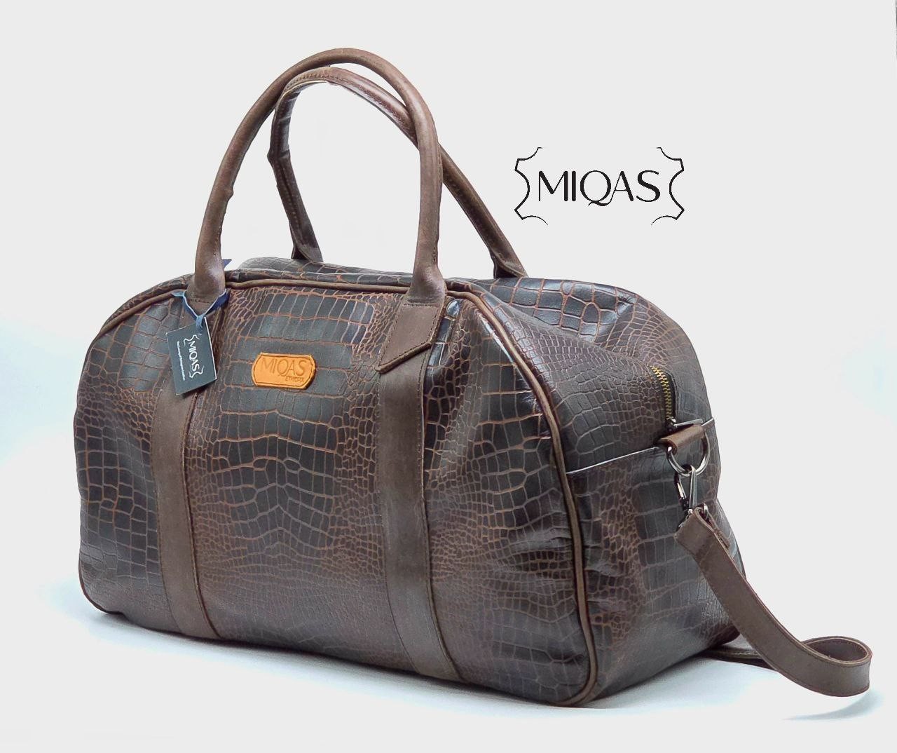 Brown Crocodile Print Leather Gym Bag